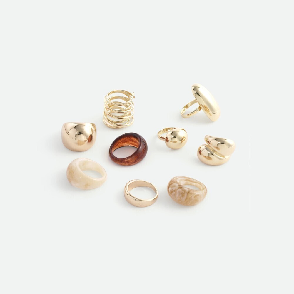 Gold Tone Chunky Dome Coil Marbled Resin Ring Set 9 Piece